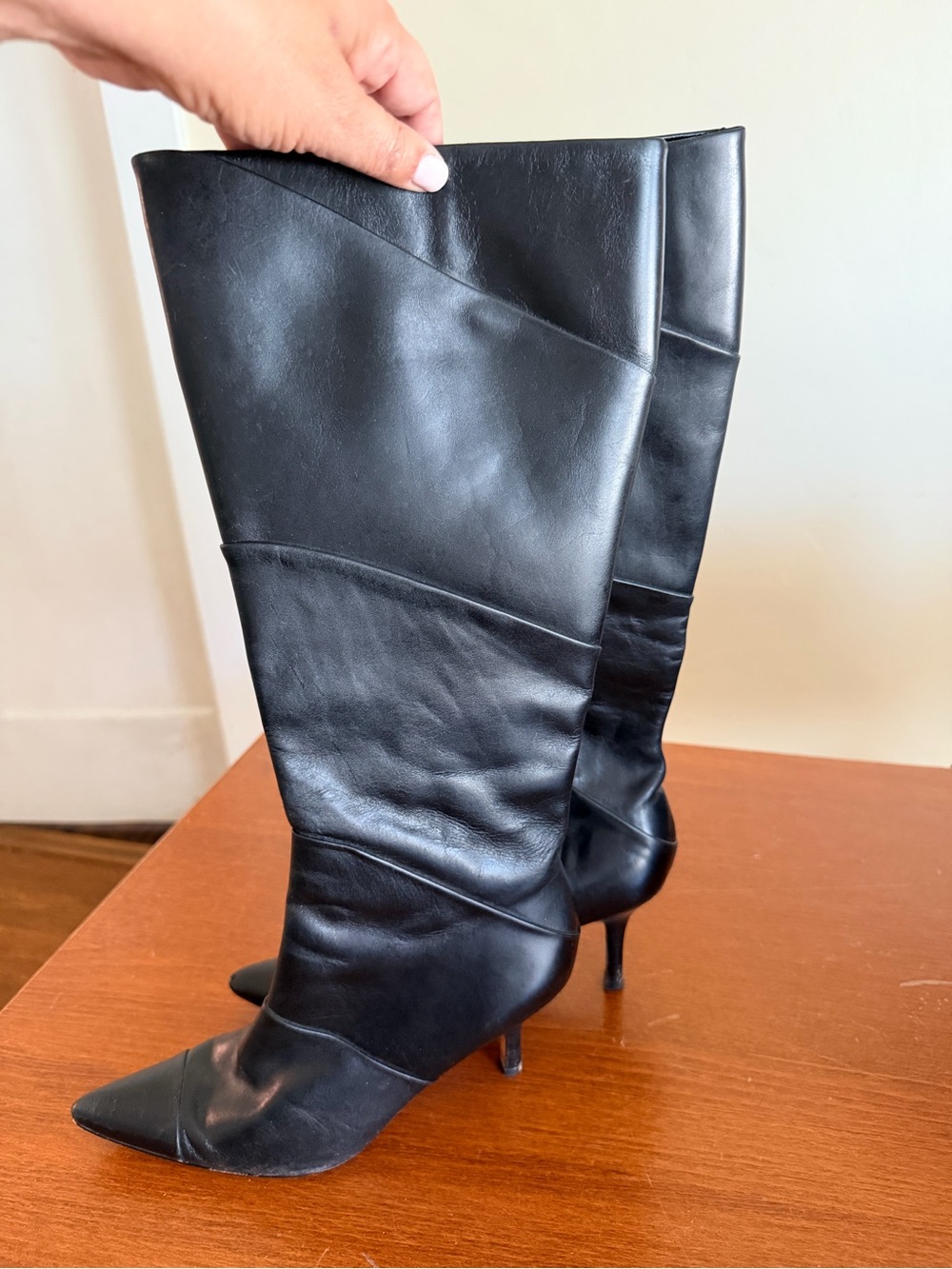 Ann Taylor Black Leather Pointed-Toe Knee Boots with Slim Heel